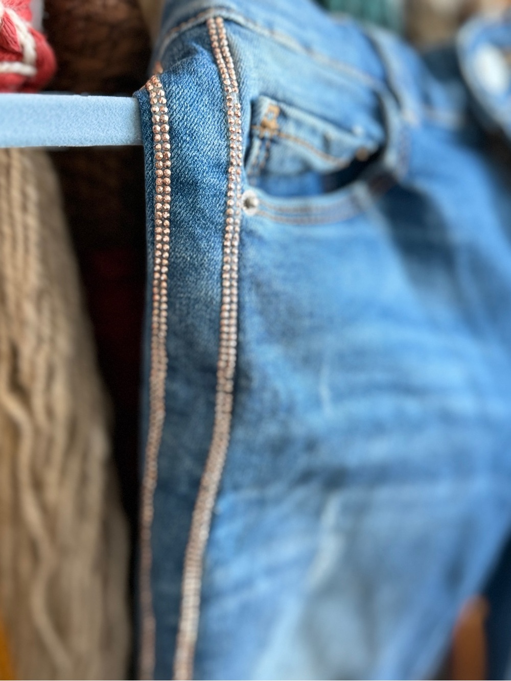 Zara Blue Denim Jeans with Rose Gold Rhinestone Side Trim